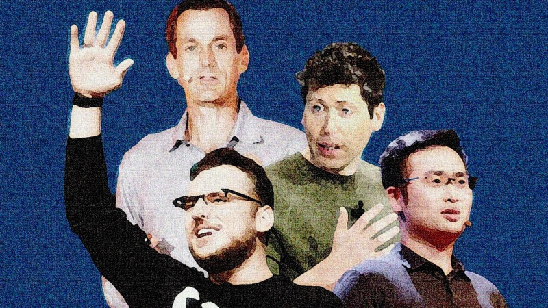 參與2025AI Ascent峰會的科技巨頭，左上Jeff Dean、左下Mike Krieger、中Sam Altman、右Jim Fan（Playground AI生成）   