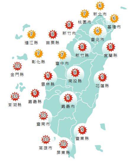 氣象署發布各地紫外線指數預報概況。 圖:氣象署提供